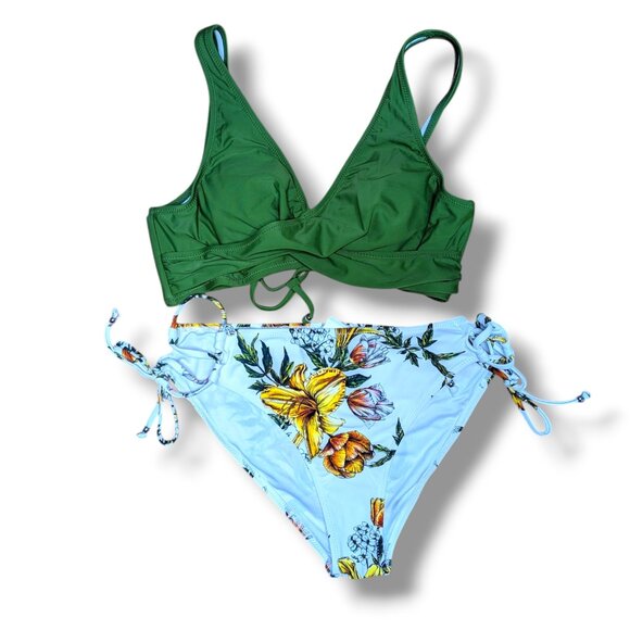 NWT Cupshe Women Two Piece Swimsuit Large Green White Floral Bikini Tie Adjust - Picture 1 of 5